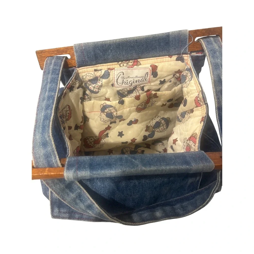 The Mouse Housery Vintage Denim Handbag Wood Handle Quilted Angel Lining Blue
